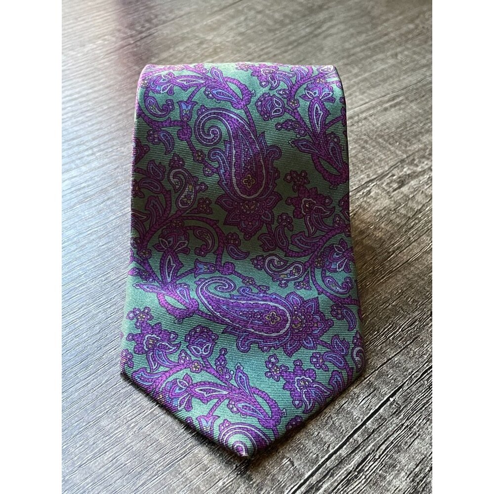 Vintage Bert Pulitzer Lord & Taylor Silk Tie Teal Purple Floral Paisley Foulard